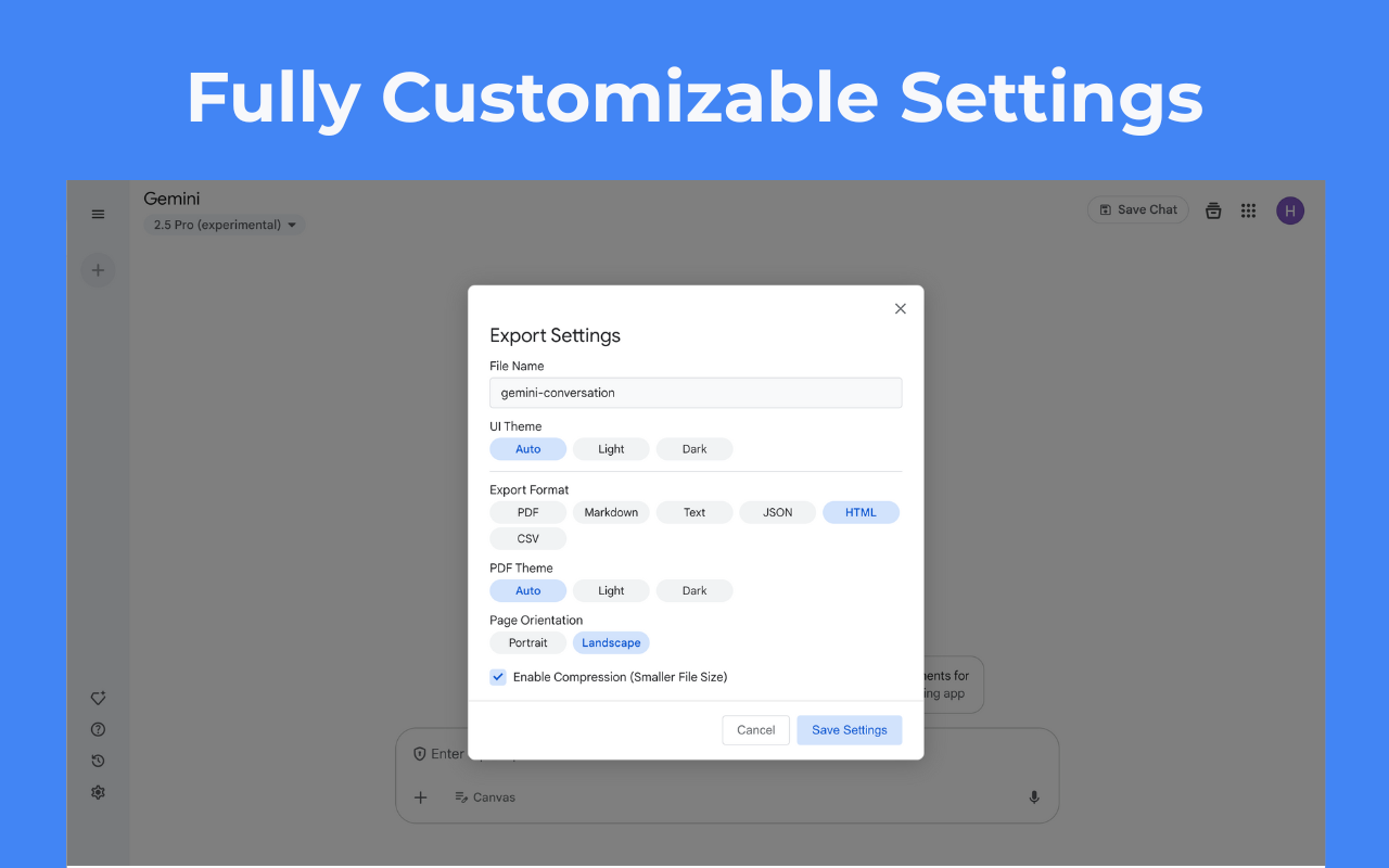 Save Gemini conversation as PDF with custom formatting options and clean layout