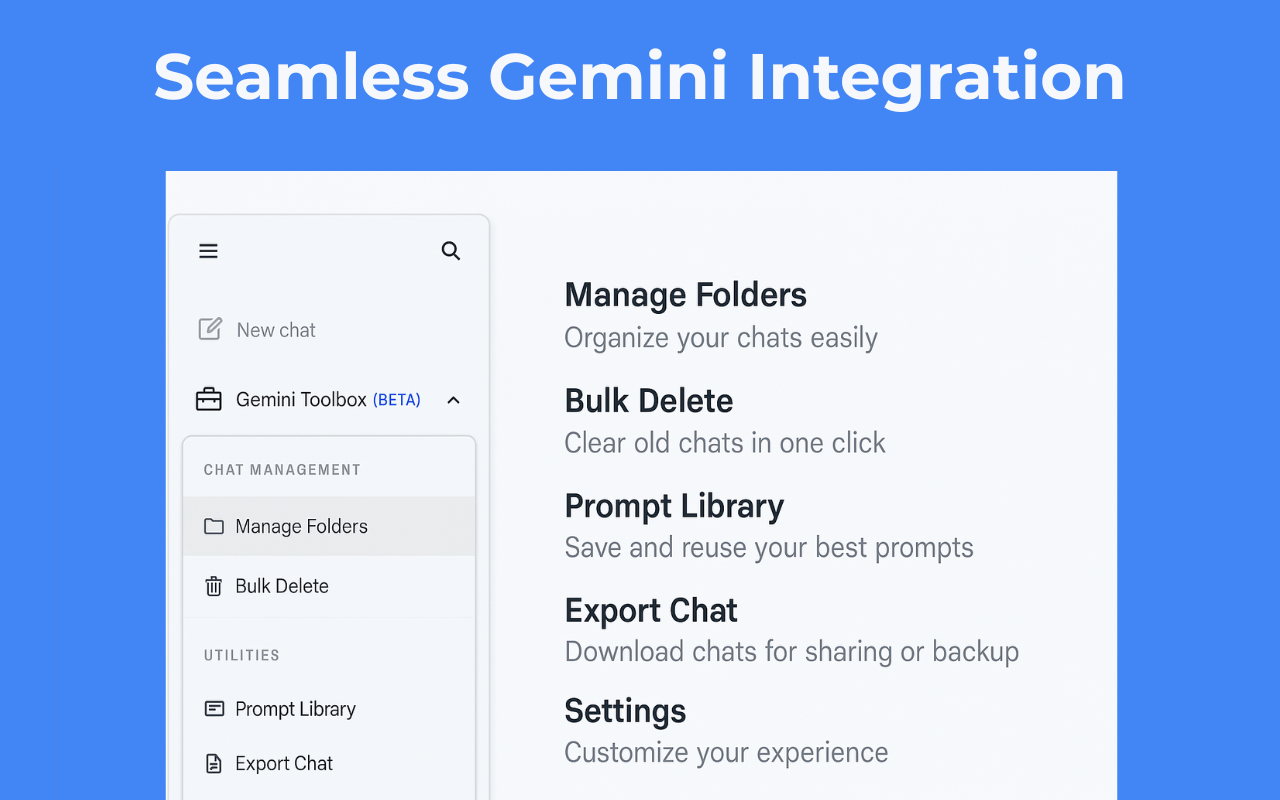 Toolbox for Gemini Chrome Extension - organize Gemini chats with folders, export to PDF, bulk delete conversations