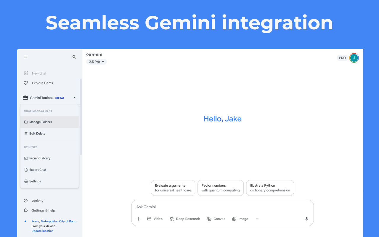Gemini chat organizer extension - Toolbox for Gemini showing folder management and productivity tools in sidebar