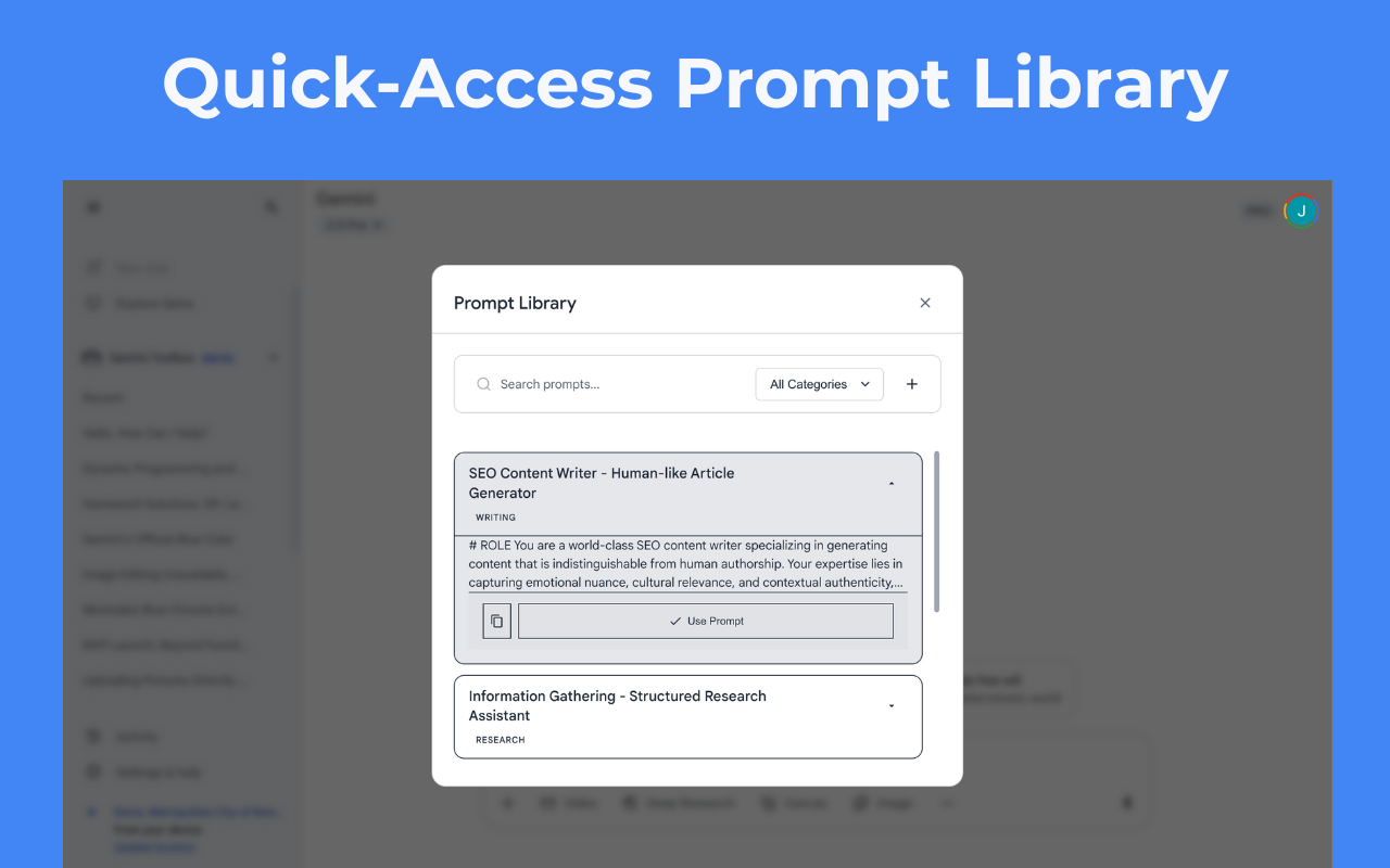 Gemini prompt library - save and organize your best prompts for instant reuse